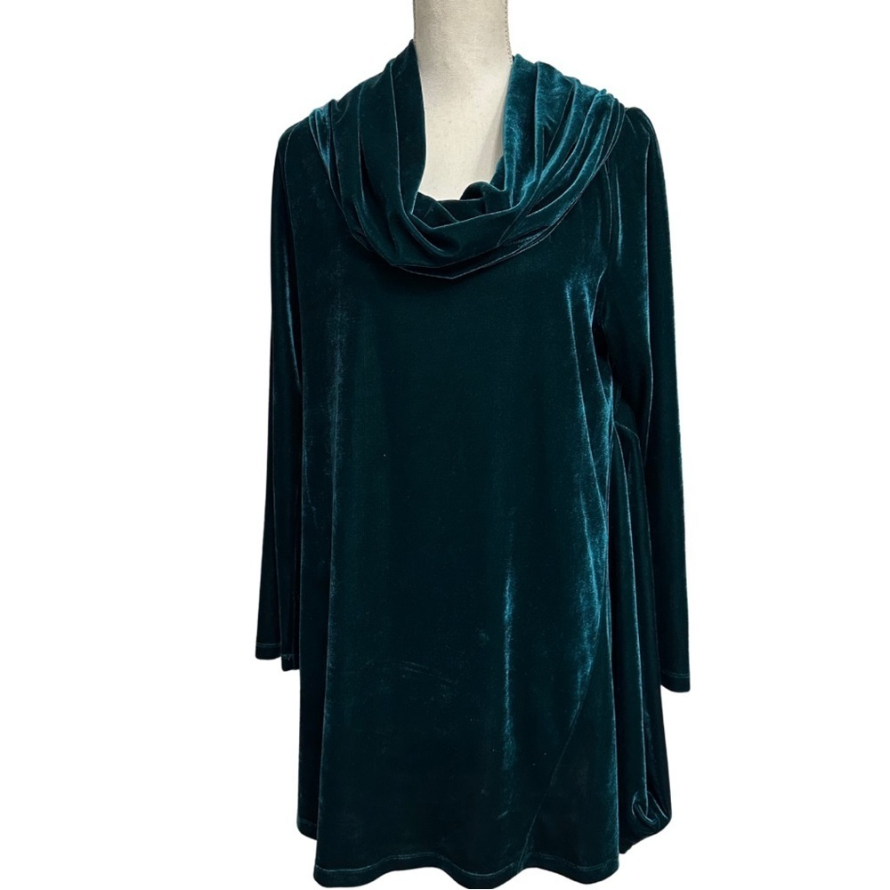 Soft Surroundings Velvet Asymmetrical Hem Cowl Neck Tunic Large Teal Lagenlook